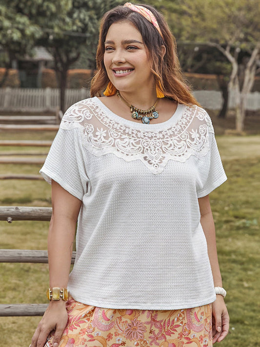 Plus Size Lace Detail Short Sleeve Top in WhiteTopBeach Rose Co.