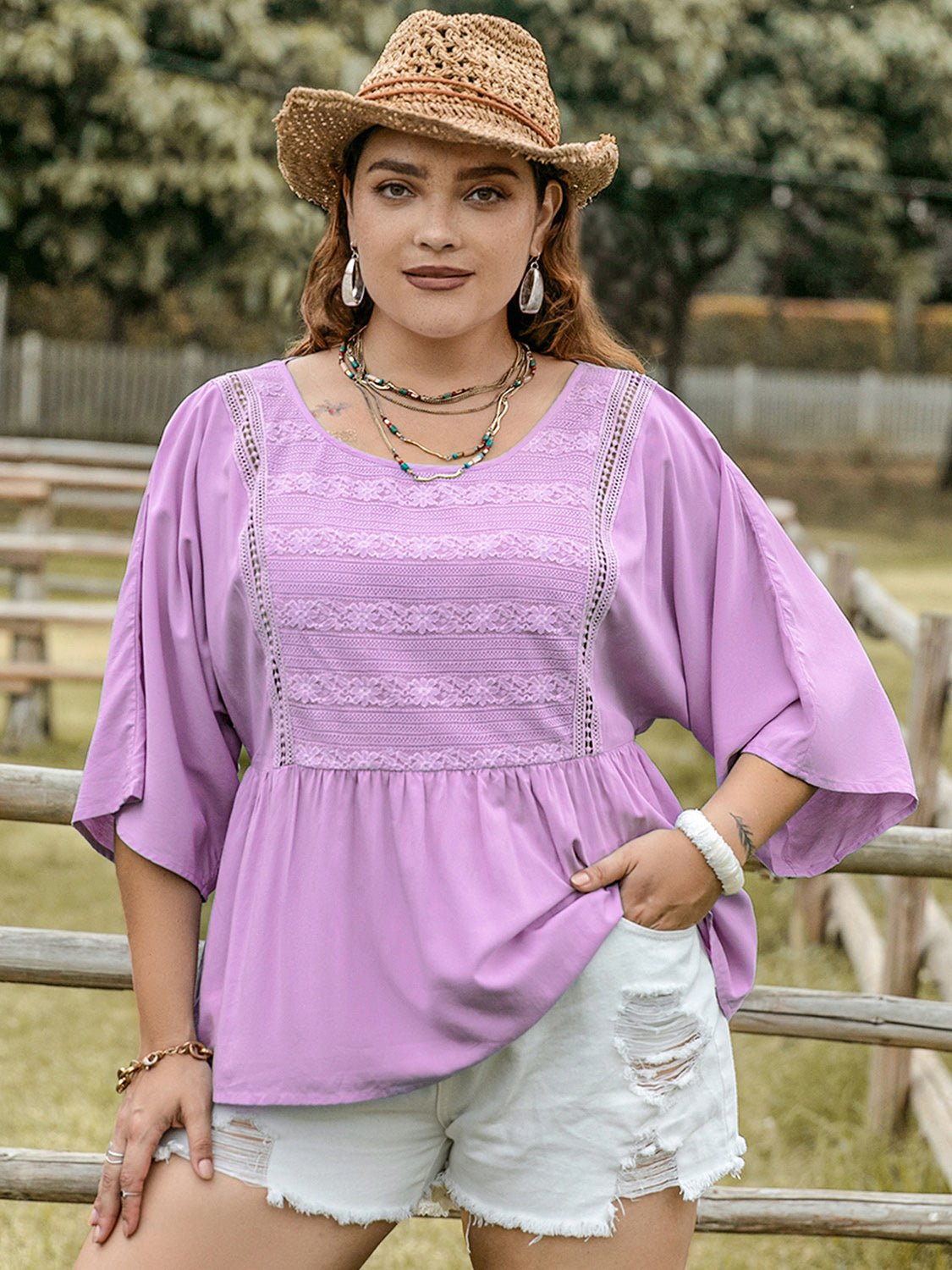 Plus Size Lace Detail Three-Quarter Sleeve Blouse in LavenderBlouseBeach Rose Co.