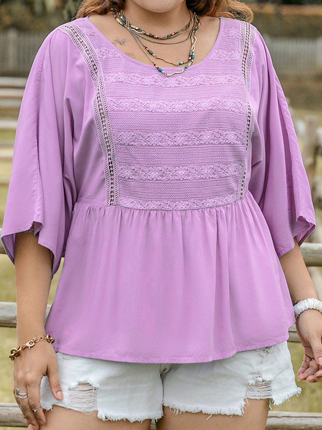 Plus Size Lace Detail Three-Quarter Sleeve Blouse in LavenderBlouseBeach Rose Co.
