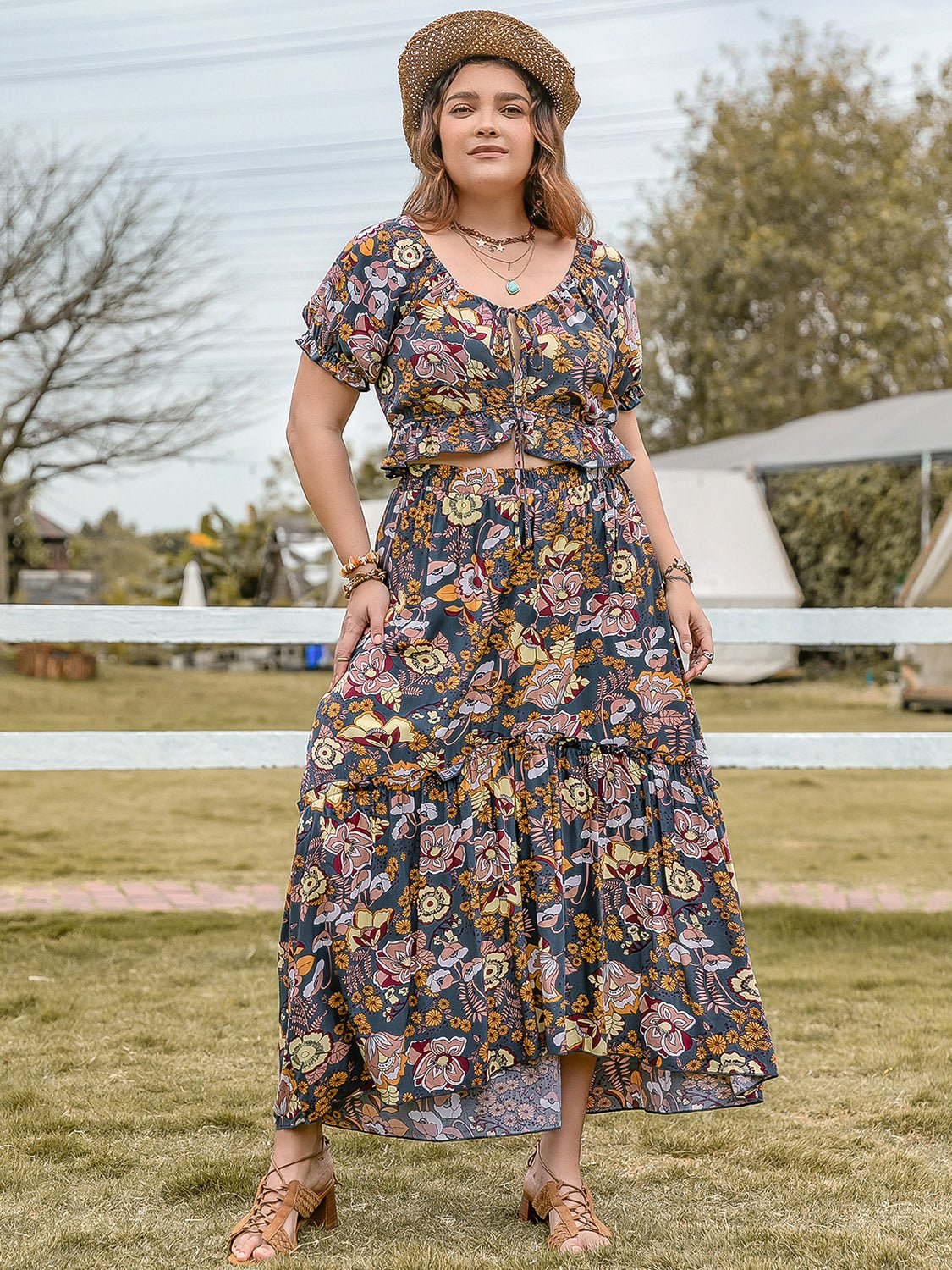 Plus Size Multicolor Print Crop Top and Maxi Skirt SetSkirt SetBeach Rose Co.