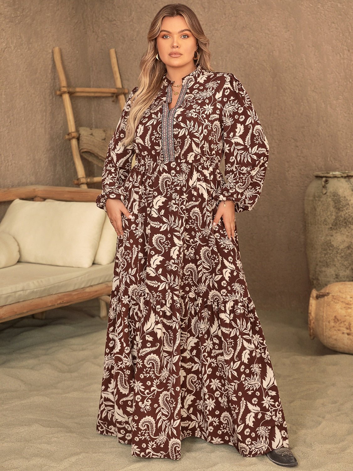 Plus Size Notched Balloon Sleeve Printed Maxi Dress in ChocolateMaxi DressBeach Rose Co.