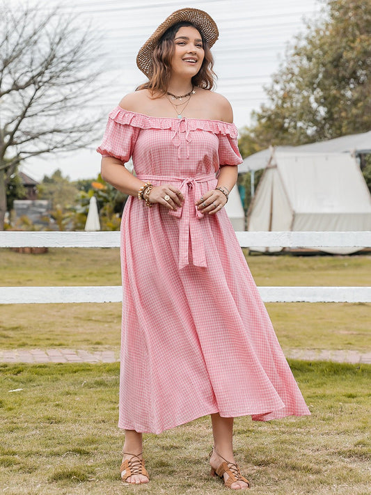 Plus Size Plaid Off-Shoulder Short Sleeve Midi Dress in Blush PinkMidi DressBeach Rose Co.