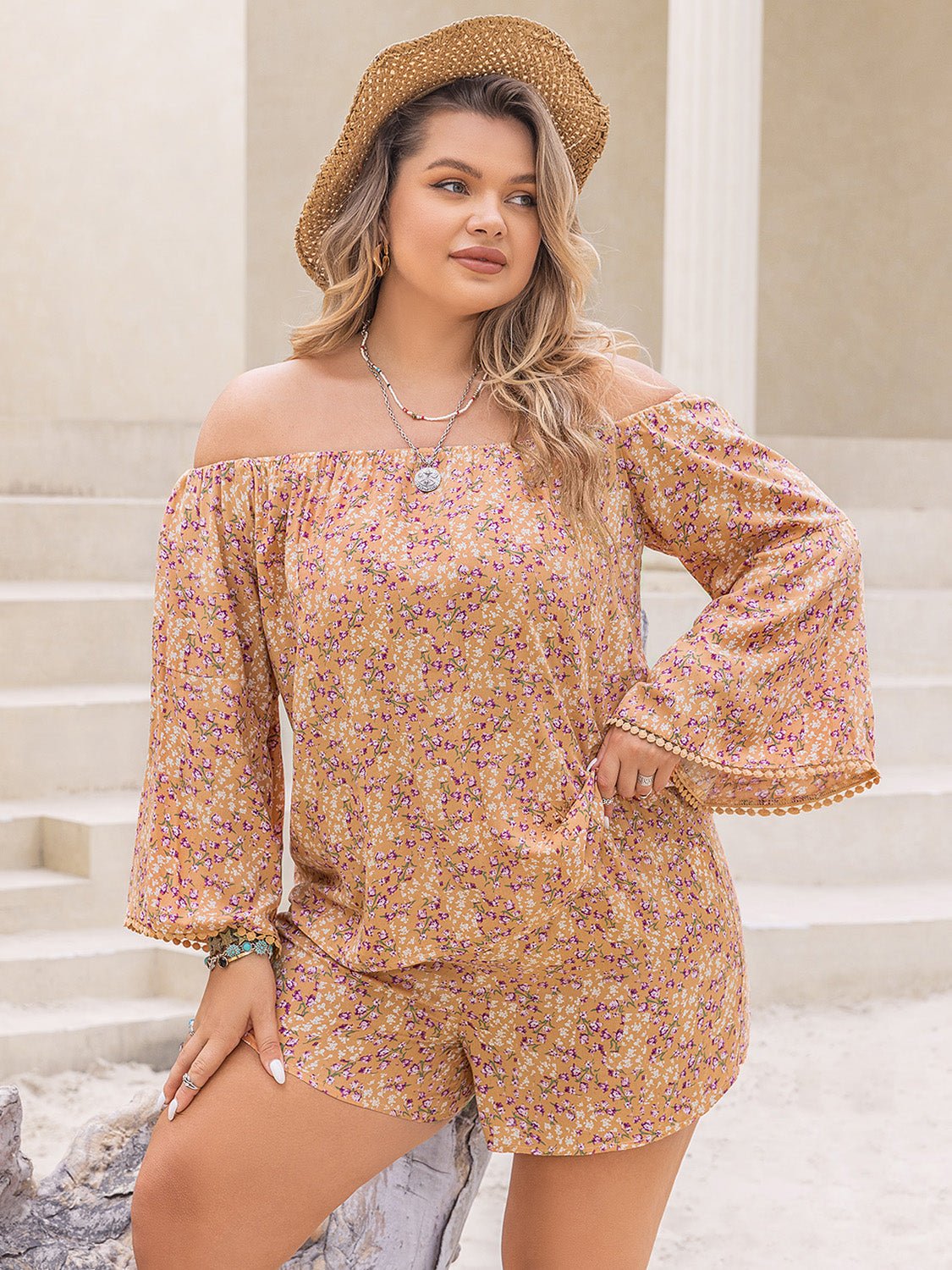 Plus Size Printed Off-Shoulder Top and Shorts Set in SherbetShorts SetBeach Rose Co.
