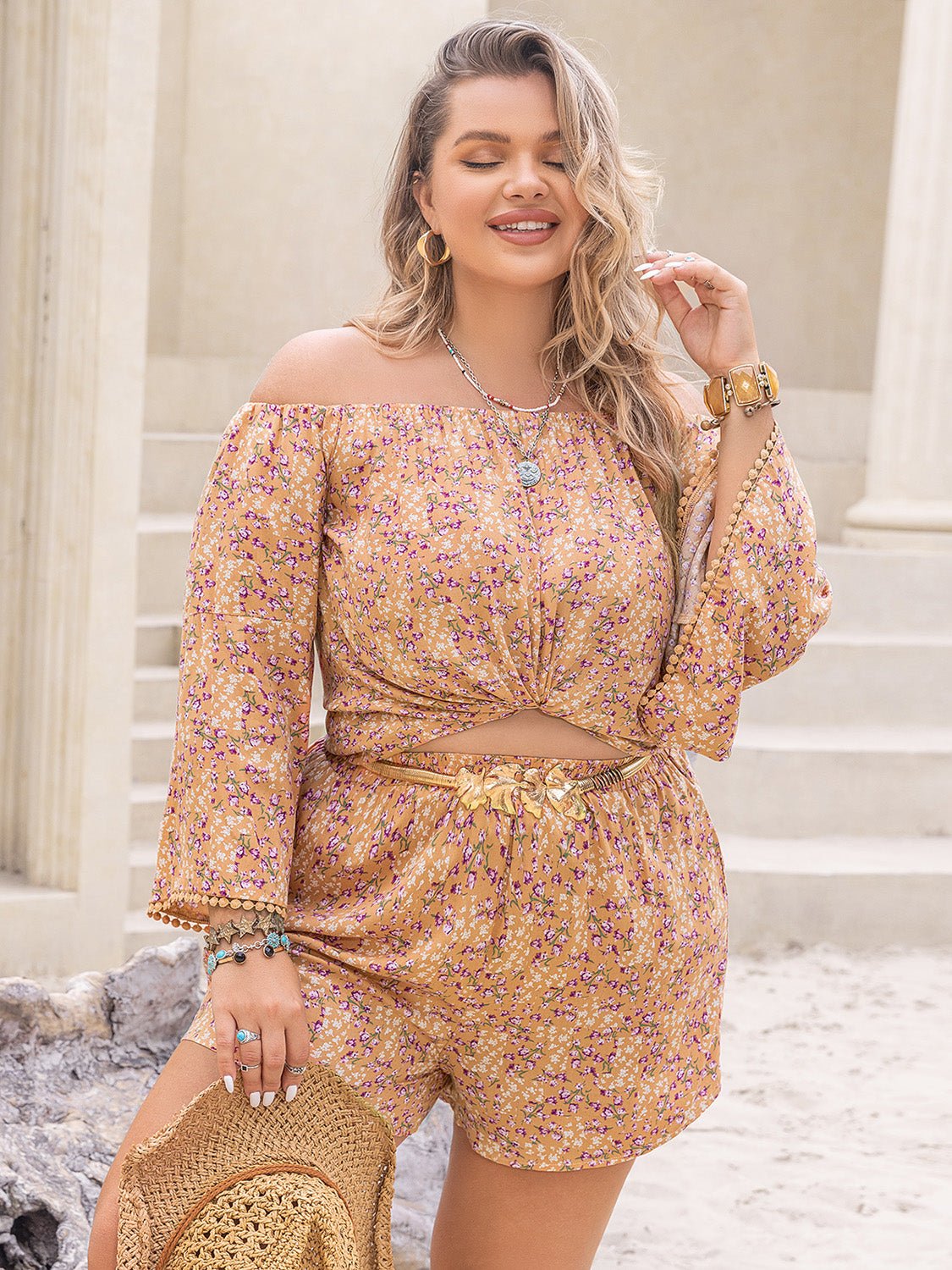 Plus Size Printed Off-Shoulder Top and Shorts Set in SherbetShorts SetBeach Rose Co.