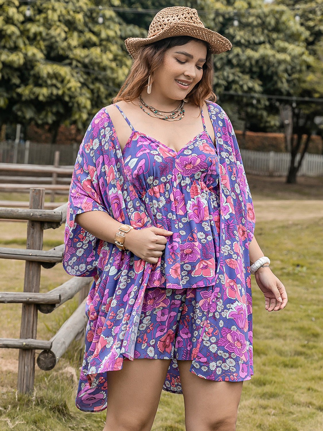 Plus Size Printed Three-Piece Cover Up Shorts Set in Vivid VioletShorts SetBeach Rose Co.