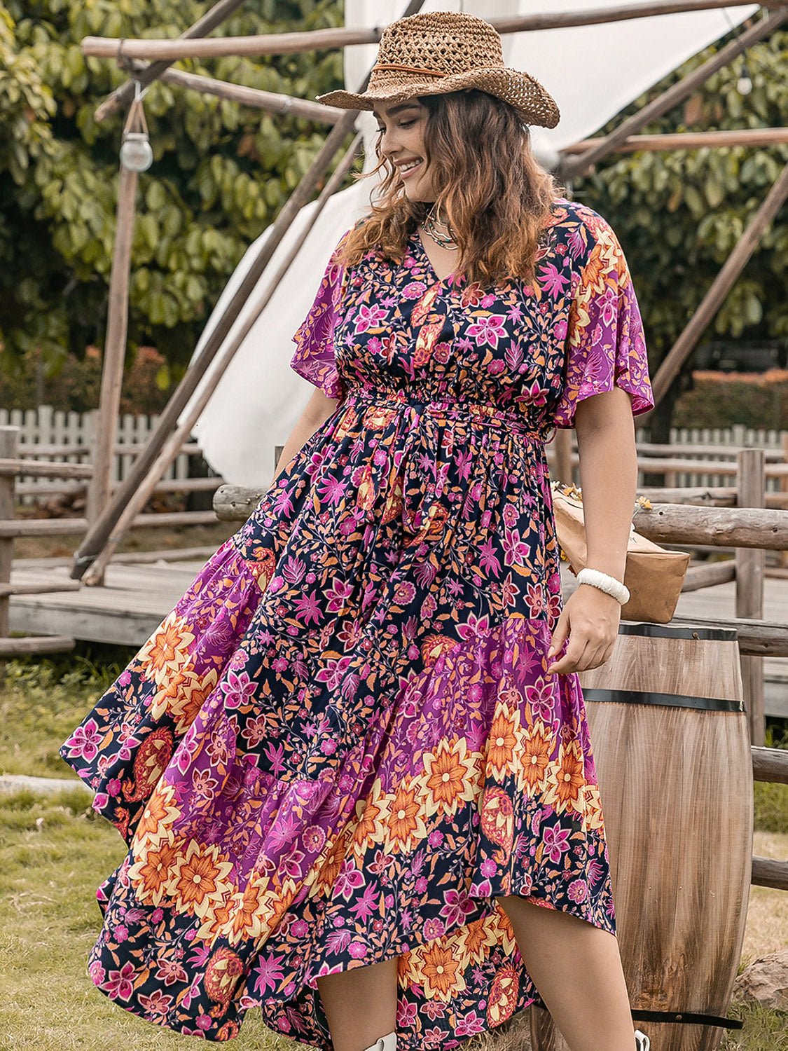 Plus Size Printed V-Neck Flutter Sleeve Midi Dress in Vivid VioletMidi DressBeach Rose Co.