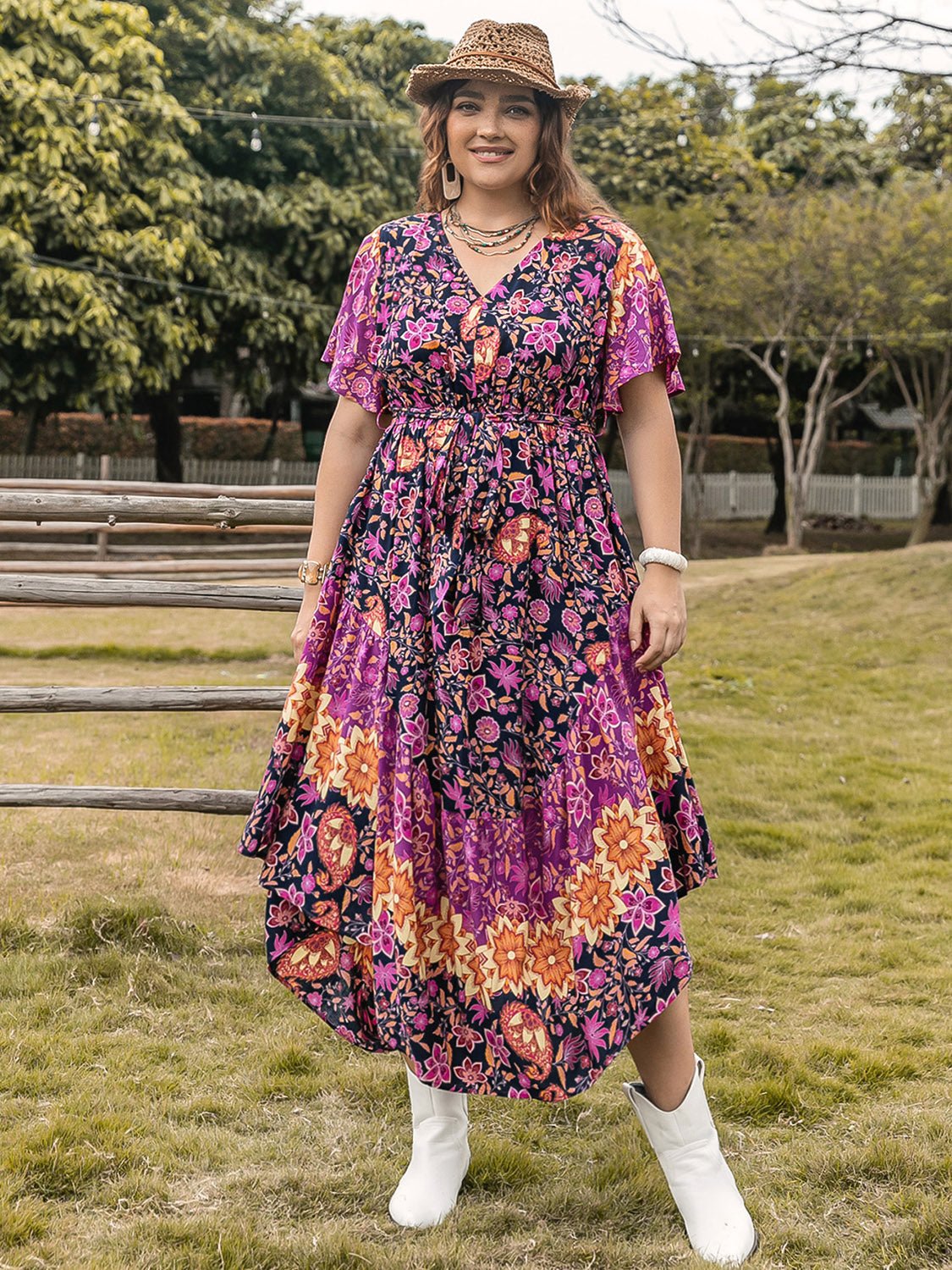 Plus Size Printed V-Neck Flutter Sleeve Midi Dress in Vivid VioletMidi DressBeach Rose Co.