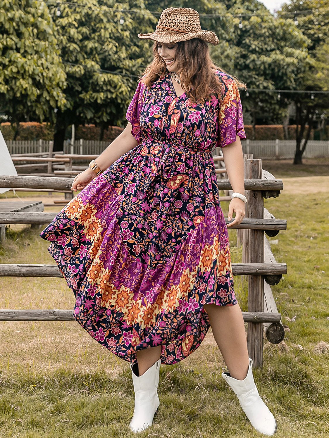 Plus Size Printed V-Neck Flutter Sleeve Midi Dress in Vivid VioletMidi DressBeach Rose Co.