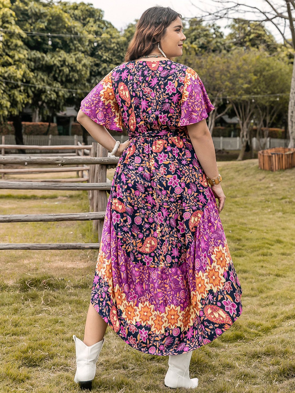 Plus Size Printed V-Neck Flutter Sleeve Midi Dress in Vivid VioletMidi DressBeach Rose Co.