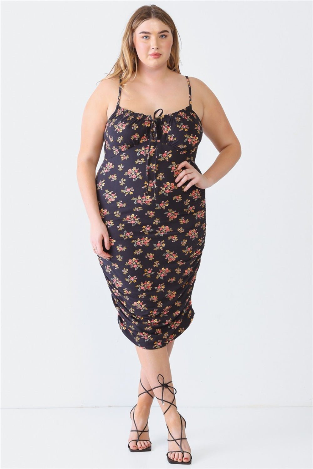 Plus Size Ruched Floral Print Midi Cami DressMidi DressBLUE LEOPARD