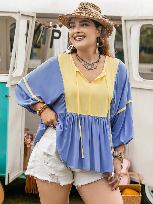 Plus Size Ruched Tie Neck Balloon Sleeve Blouse in Light BlueBlouseBeach Rose Co.