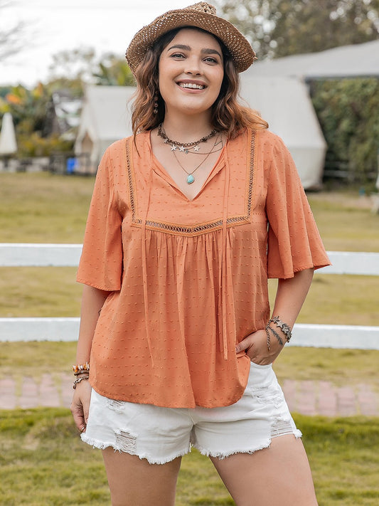 Plus Size Ruched Tie Neck Half Sleeve Blouse in TangerineBlouseBeach Rose Co.