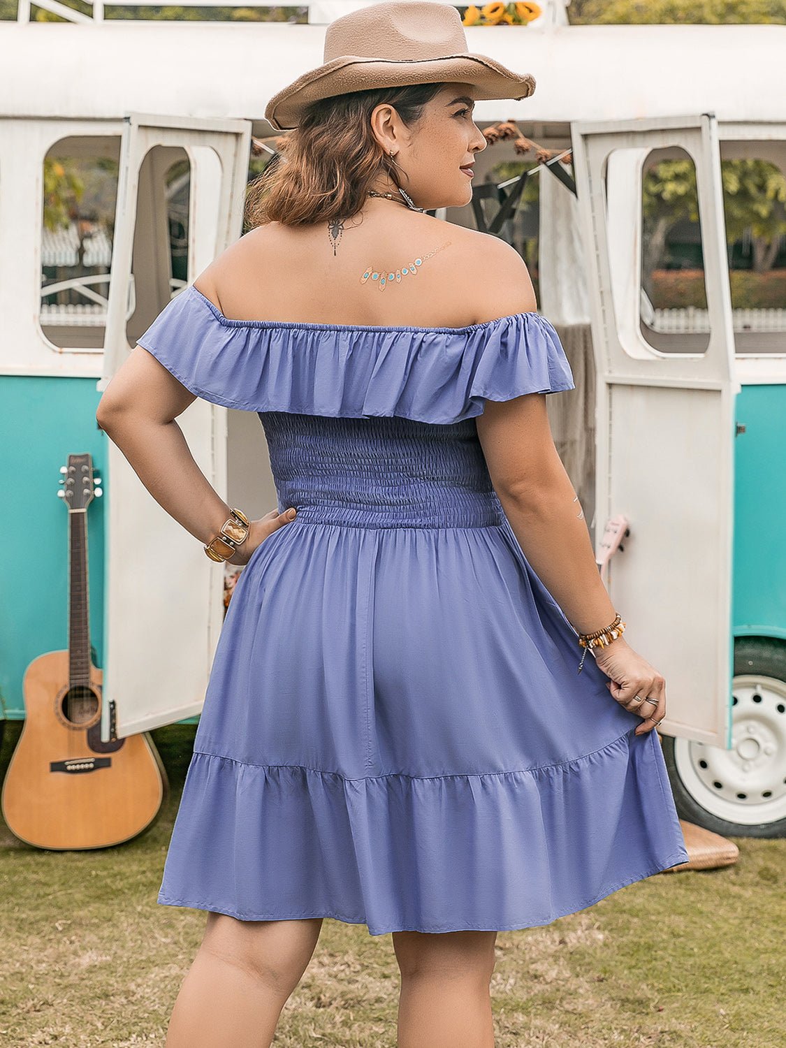 Plus Size Ruffled Smocked Off-Shoulder Mini Dress in Blue PurpleMini DressBeach Rose Co.