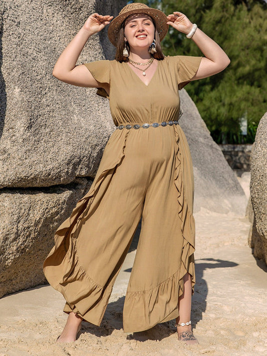 Plus Size Ruffled V-Neck Jumpsuit in CamelJumpsuitBeach Rose Co.
