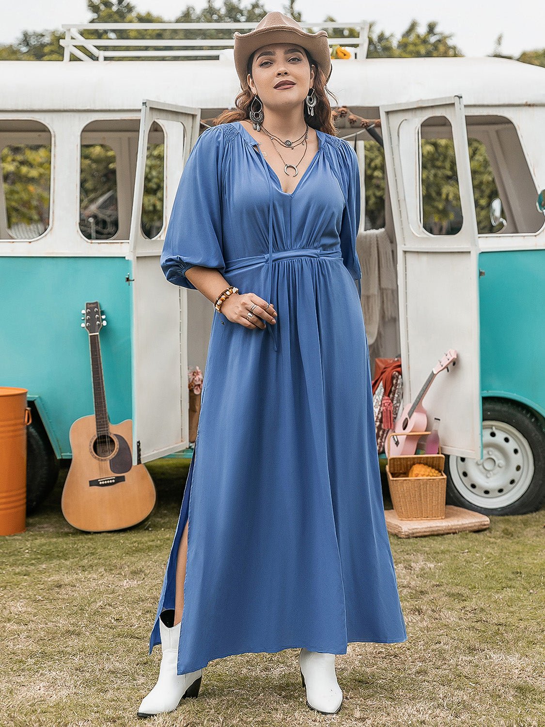 Plus Size Side Slit Three-Quarter Sleeve Maxi Dress in BlueMaxi DressBeach Rose Co.