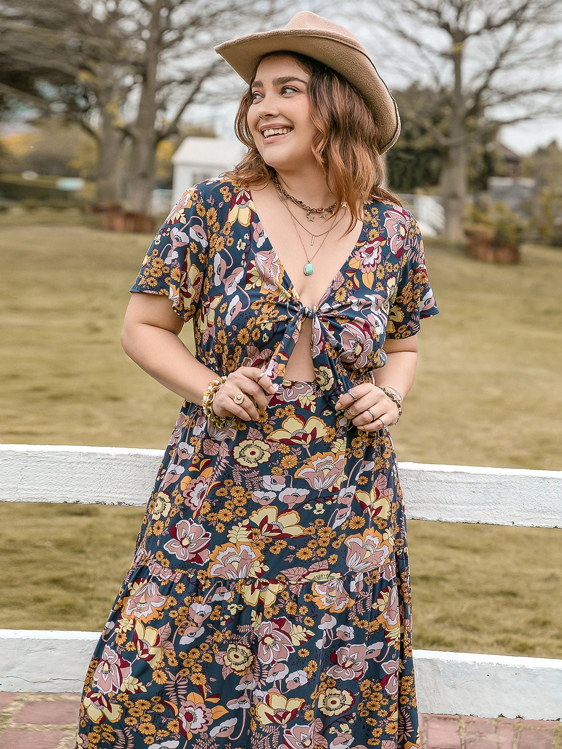 Plus Size Tie Front Floral Print Maxi Dress in Peacock BlueMaxi DressBeach Rose Co.