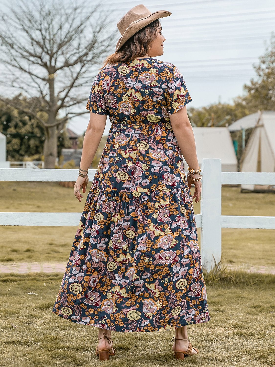 Plus Size Tie Front Floral Print Maxi Dress in Peacock BlueMaxi DressBeach Rose Co.