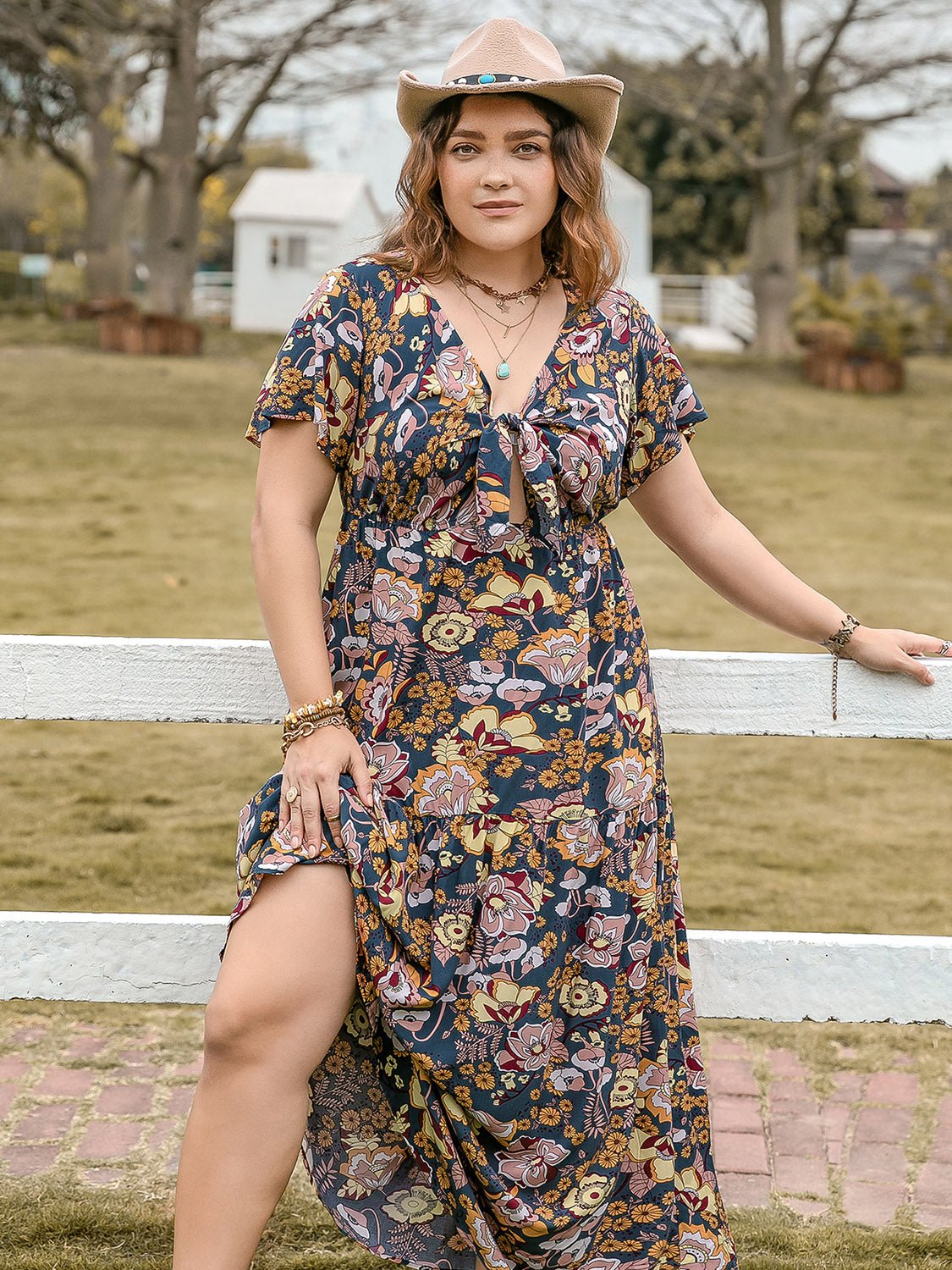 Plus Size Tie Front Floral Print Maxi Dress in Peacock BlueMaxi DressBeach Rose Co.