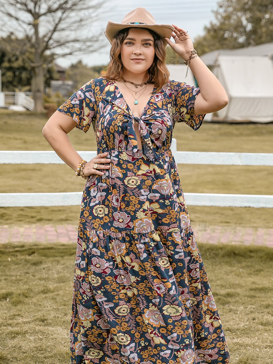 Plus Size Tie Front Floral Print Maxi Dress in Peacock BlueMaxi DressBeach Rose Co.