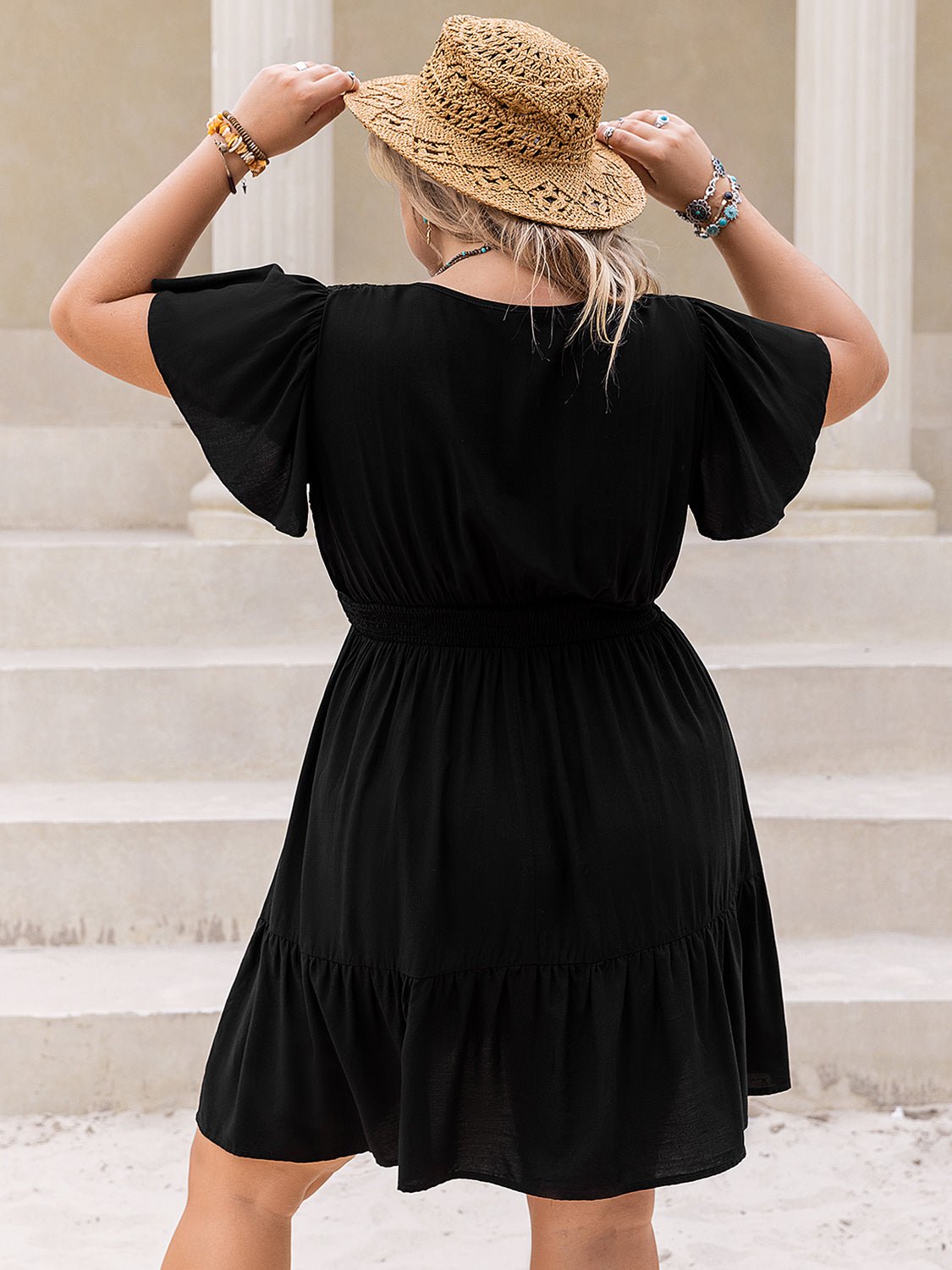 Plus Size V-Neck Flutter Sleeve Mini Dress in BlackMini DressBeach Rose Co.