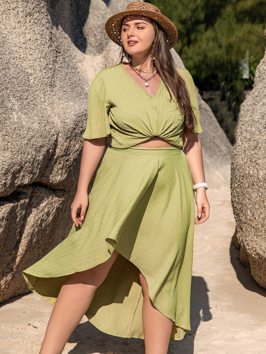 Plus Size V-Neck Half Sleeve Top & High-Low Skirt Set in Yellow GreenSkirt SetBeach Rose Co.