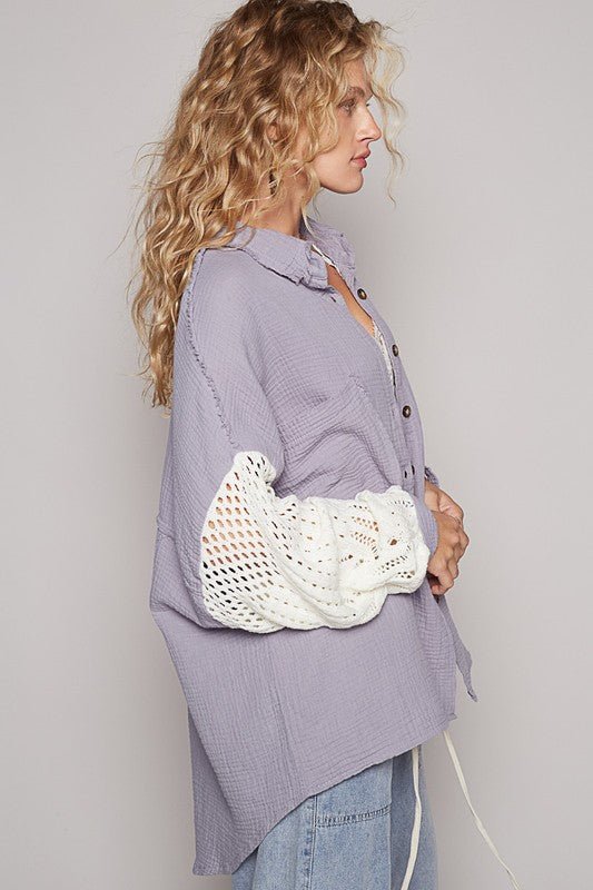 POL - Ash Gray Openwork Sleeve Button Down Gauze Shirt