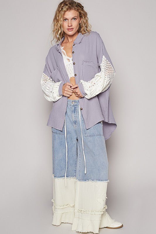 POL - Ash Gray Openwork Sleeve Button Down Gauze Shirt