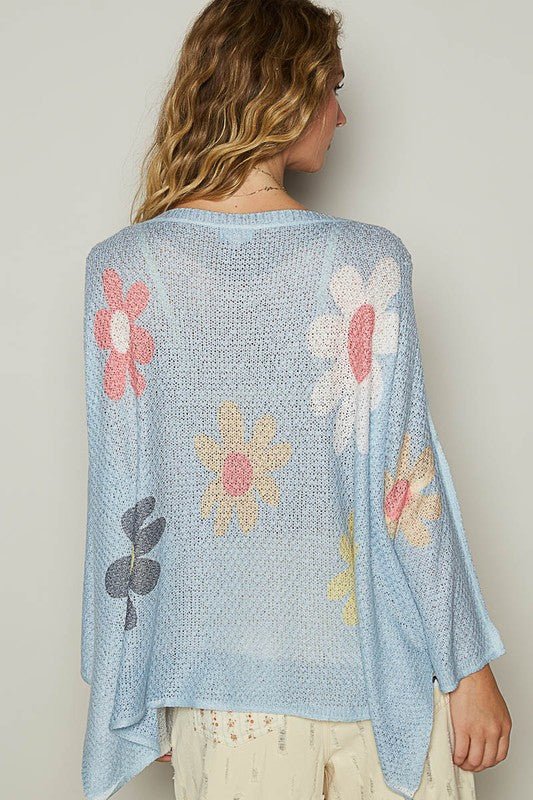 POL - Baby Blue Flower Print Long Sleeve Knit Top