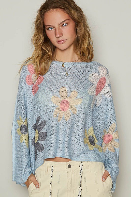 POL - Baby Blue Flower Print Long Sleeve Knit Top