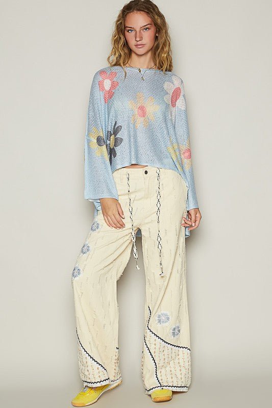 POL - Baby Blue Flower Print Long Sleeve Knit Top