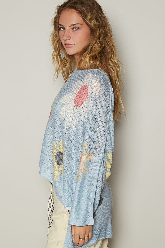 POL - Baby Blue Flower Print Long Sleeve Knit Top