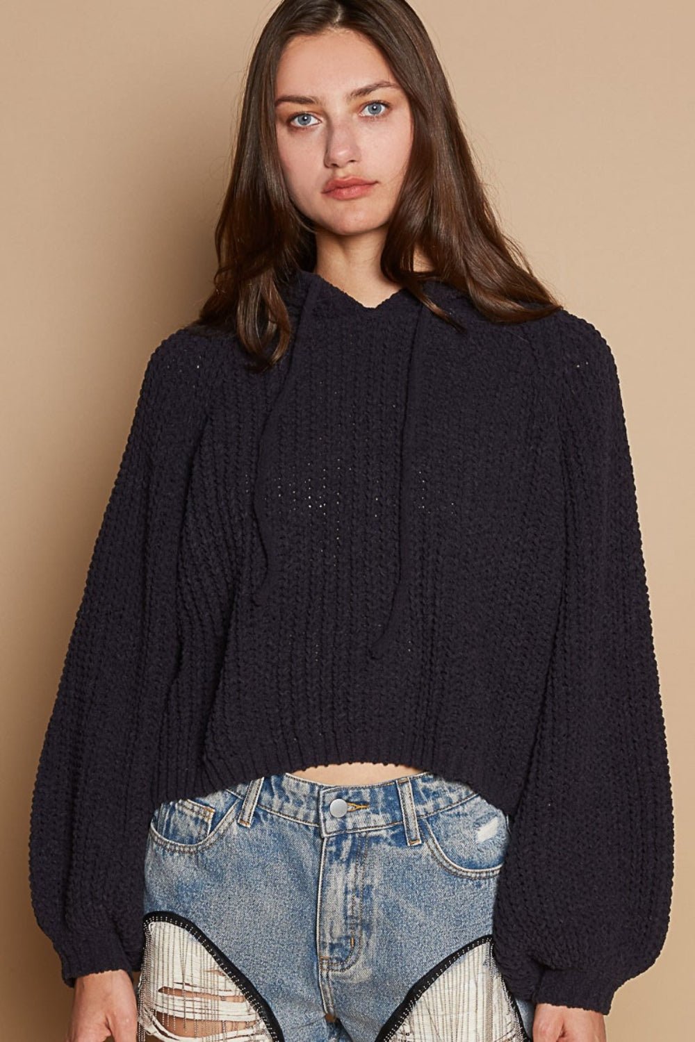 POL - Balloon Sleeve Cropped Hooded Sweater in Indigo