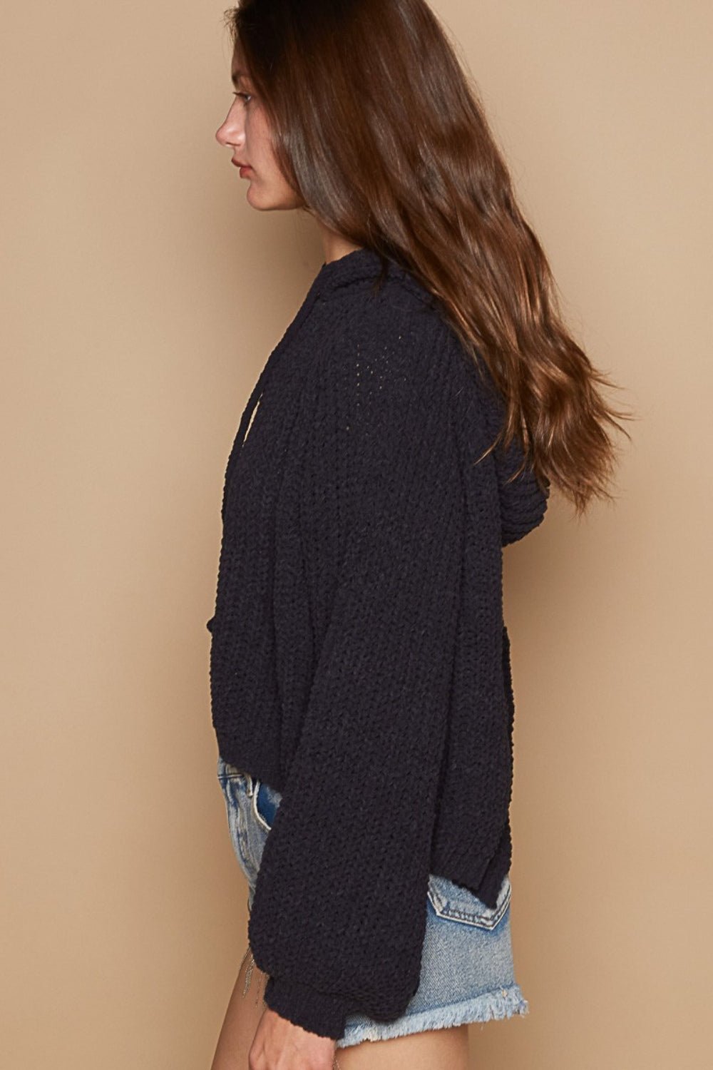 POL - Balloon Sleeve Cropped Hooded Sweater in Indigo