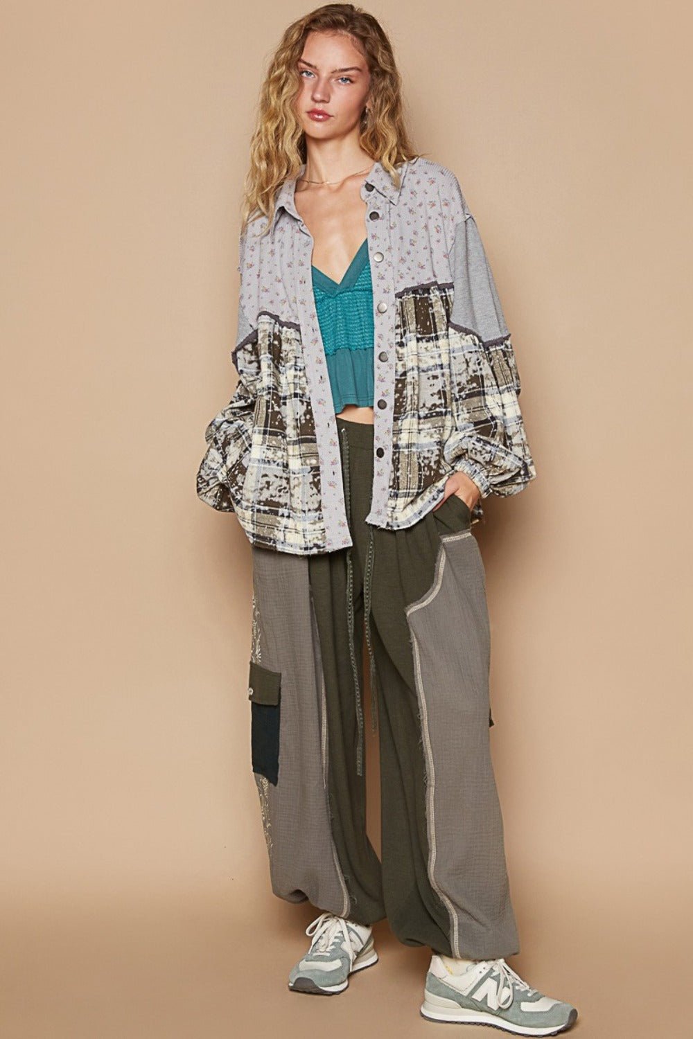 POL - Balloon Sleeve Floral Color Block Plaid Shirt in Brown Grey