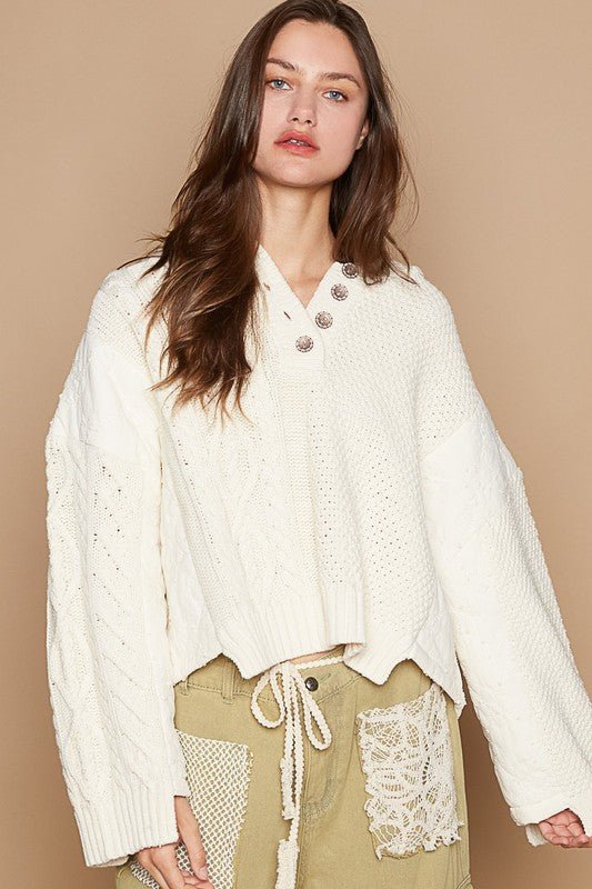 POL - Beige Cable Knit Hooded Sweater