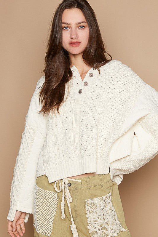 POL - Beige Cable Knit Hooded Sweater