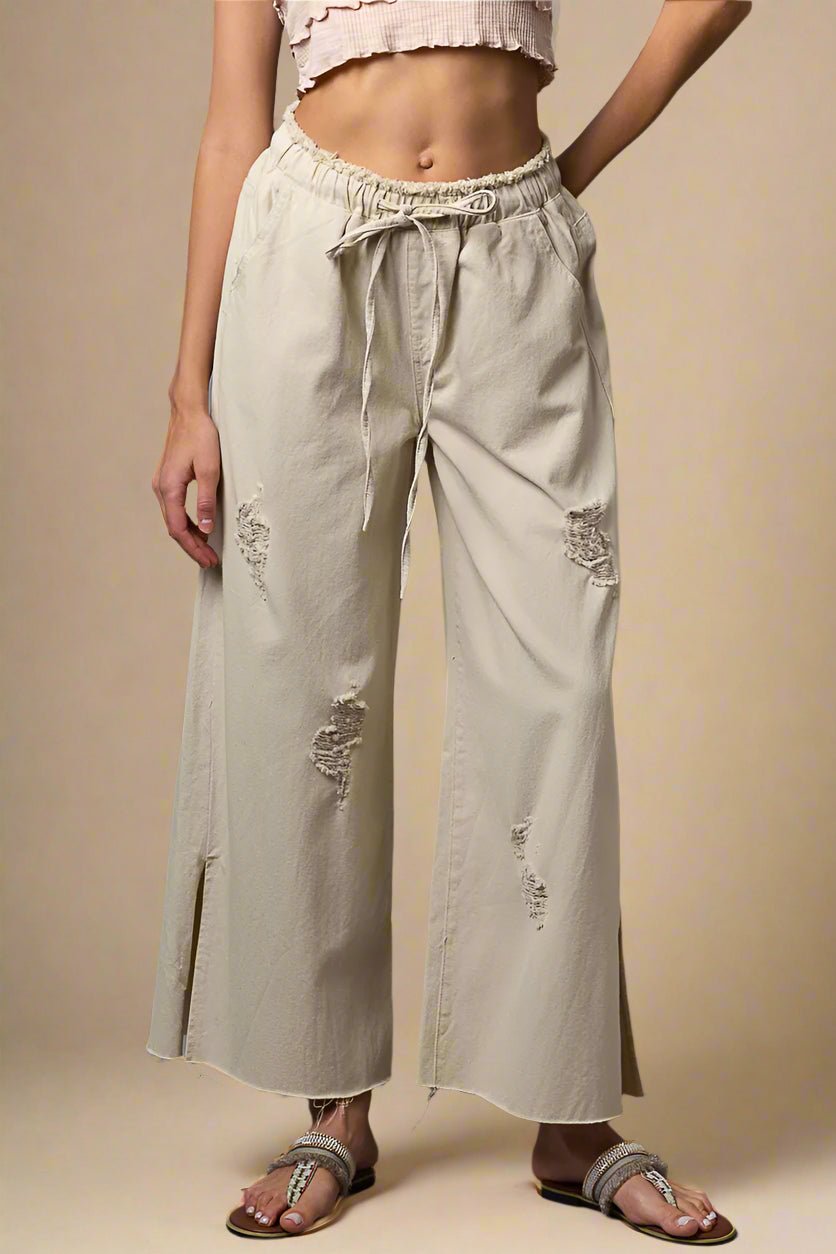 POL - Beige Distressed Wide Leg Drawstring Pants