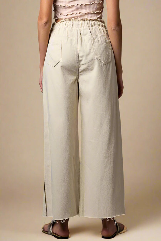 POL - Beige Distressed Wide Leg Drawstring Pants