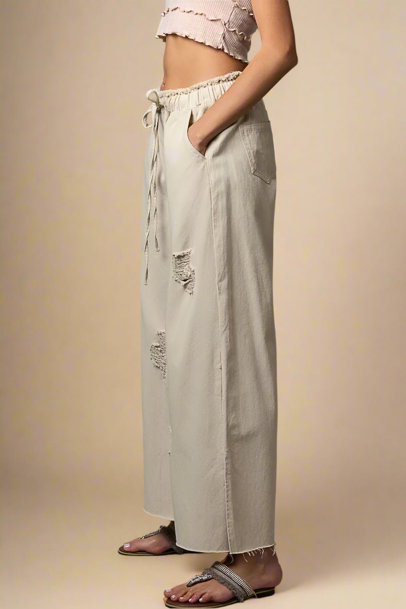 POL - Beige Distressed Wide Leg Drawstring Pants