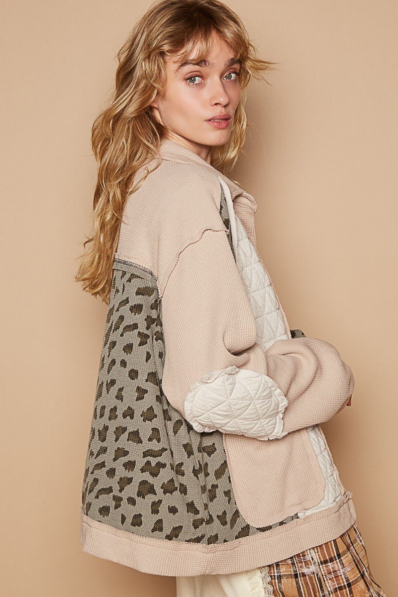 POL - Beige Leopard Print Button Up Quilted Jacket