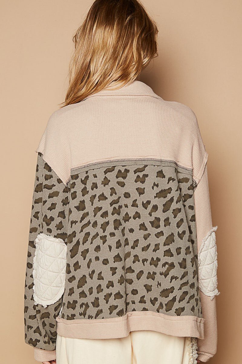 POL - Beige Leopard Print Button Up Quilted Jacket