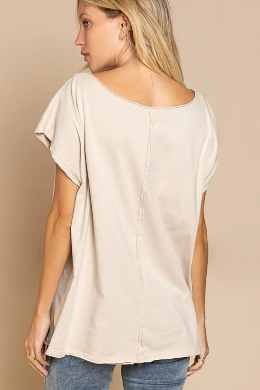 POL - Beige Peace Sign Studded V - Neck Tee