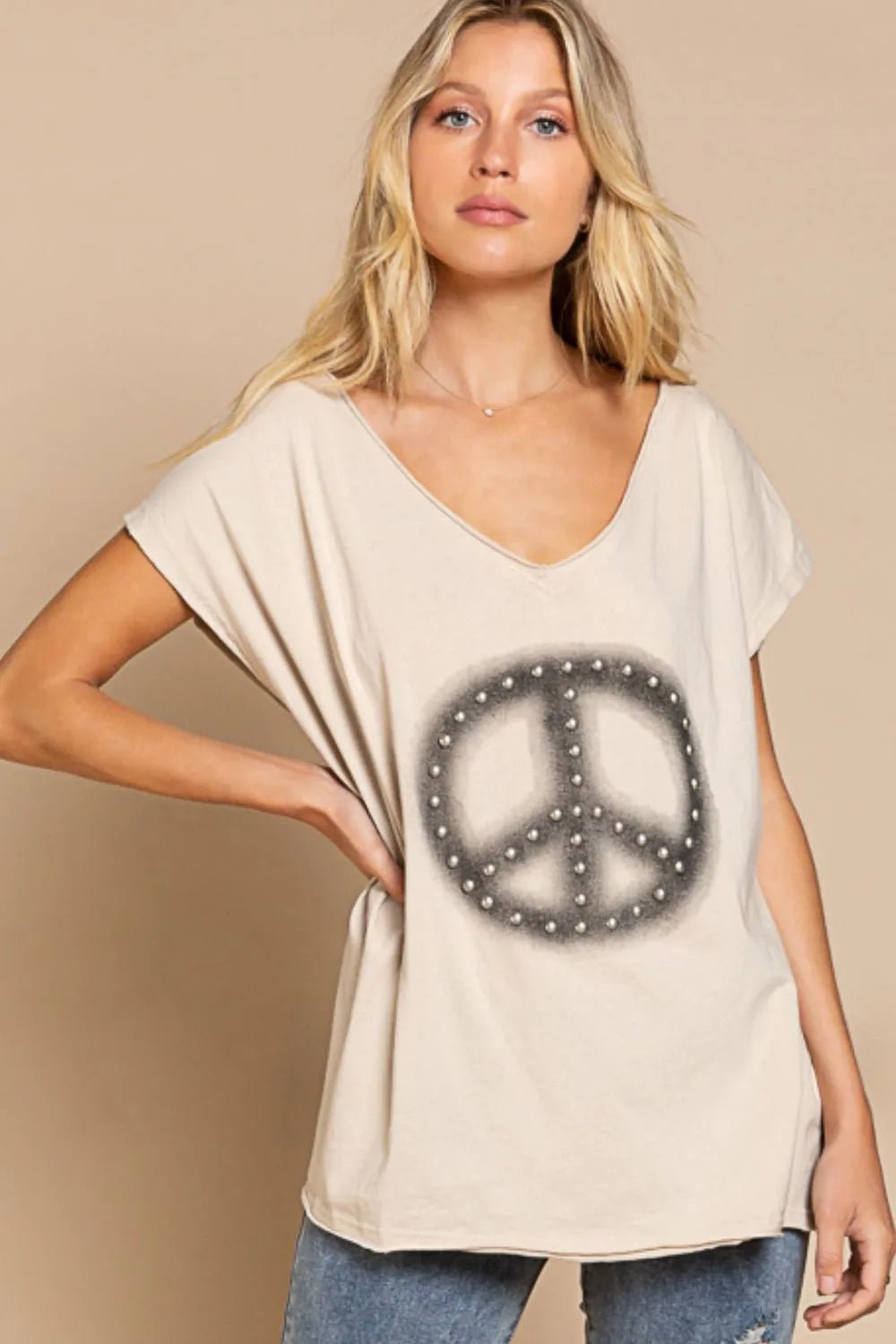 POL - Beige Peace Sign Studded V - Neck Tee
