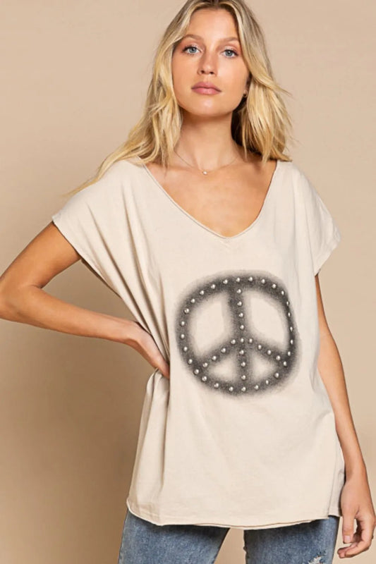 POL - Beige Peace Sign Studded V - Neck Tee