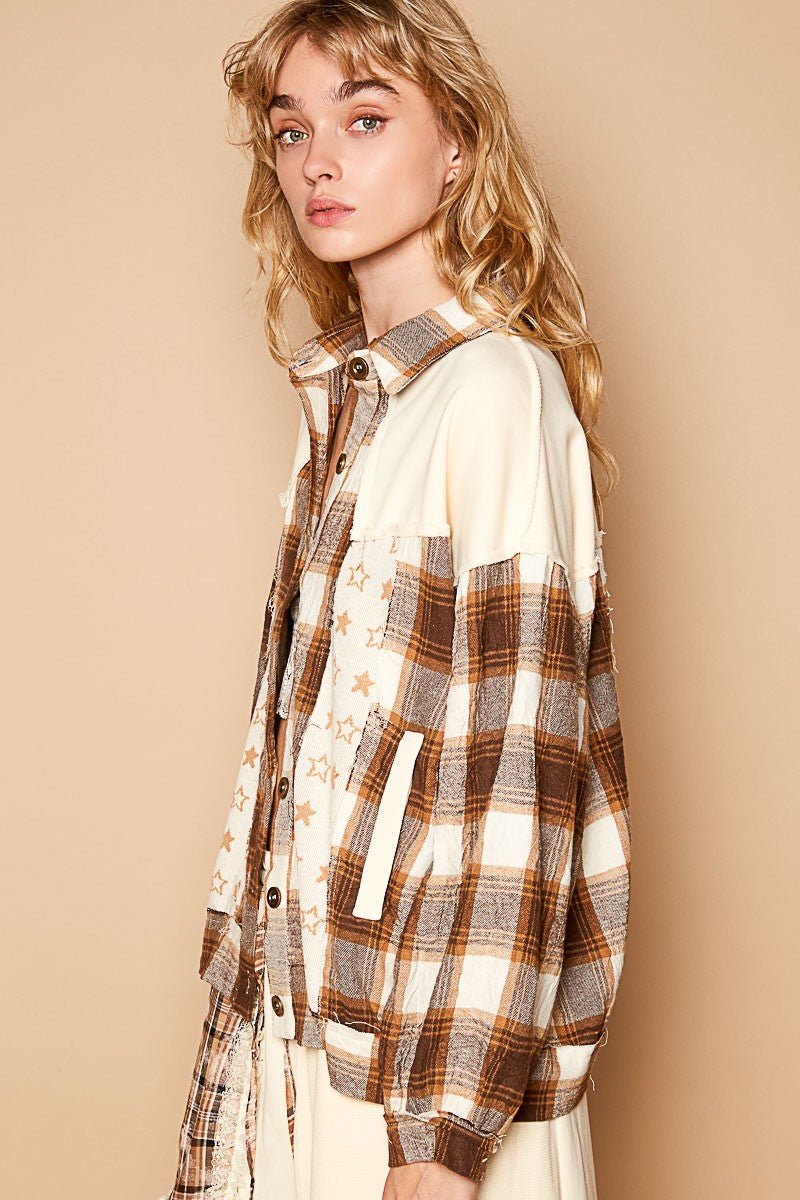 POL - Beige Plaid & Star Patchwork Shacket