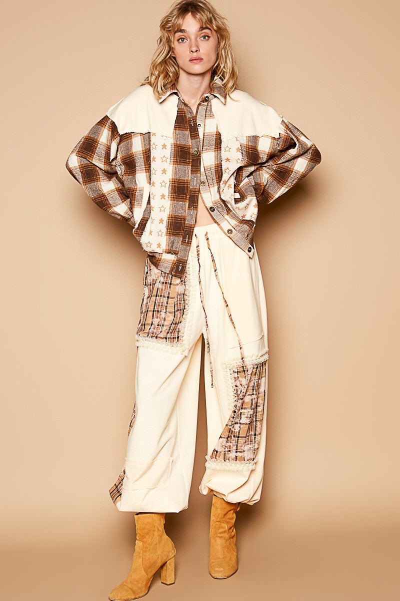 POL - Beige Plaid & Star Patchwork Shacket