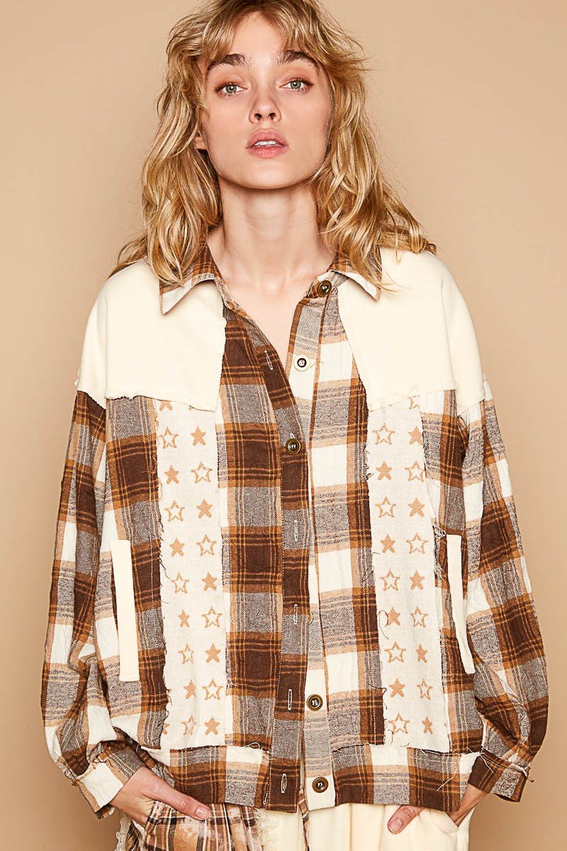 POL - Beige Plaid & Star Patchwork Shacket