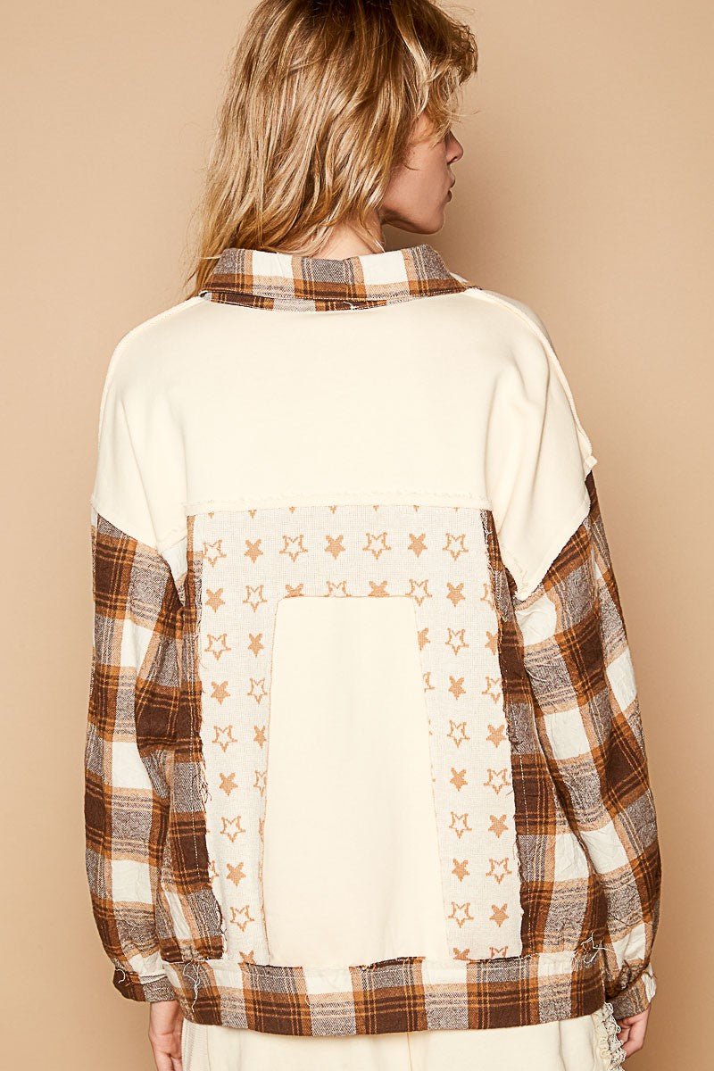 POL - Beige Plaid & Star Patchwork Shacket