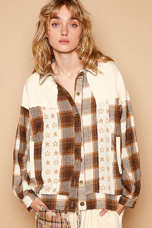 POL - Beige Plaid & Star Patchwork Shacket