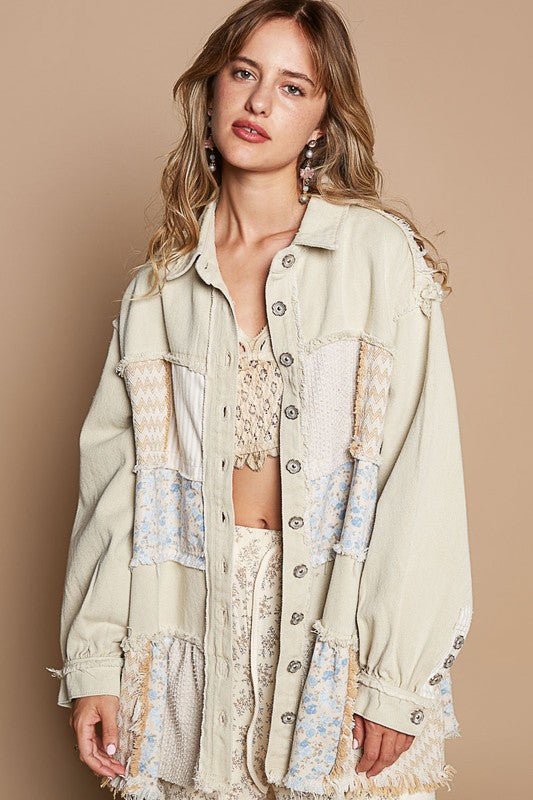 POL - Beige Raw Hem Patchwork Jacket